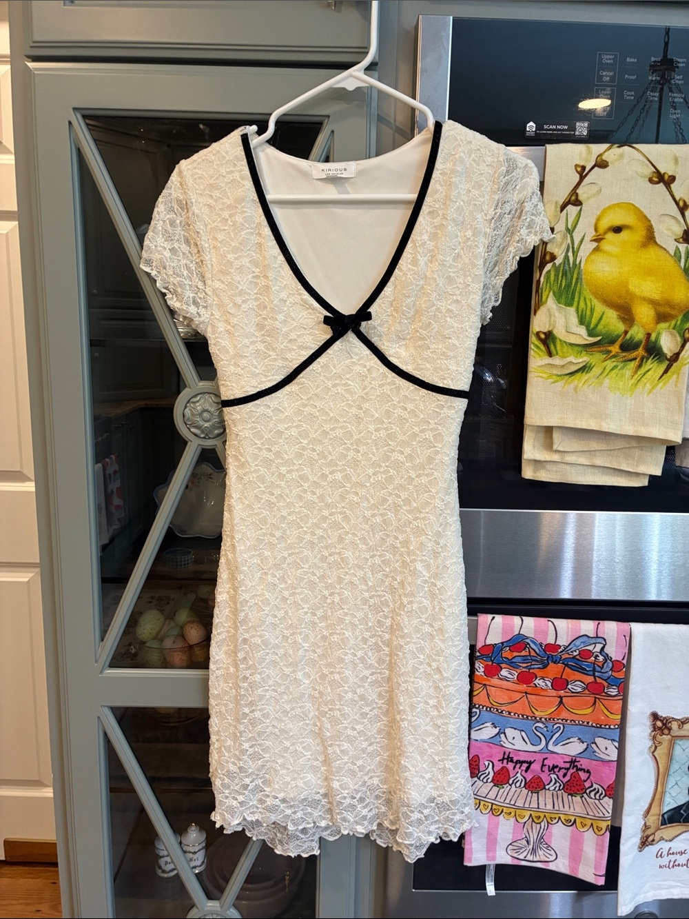Kirious LA White Lace Short Sleeve Dress with Black Trim coquette classy bow